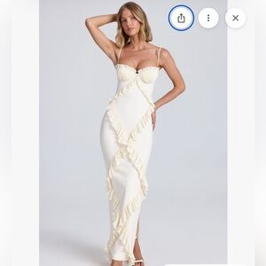 Oh Polly - Plissé Ruffle Trim Maxi Dress - Ivory - US 2 - NEW WITH TAGS